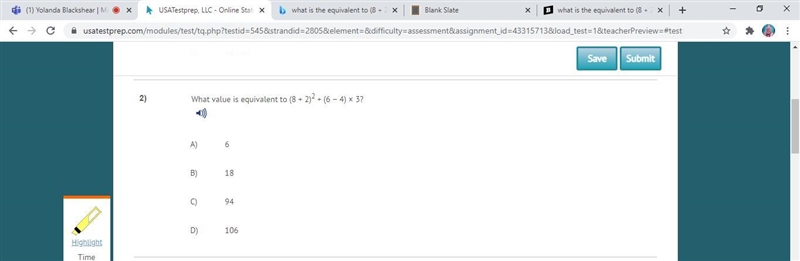 What is the equivalent to (8 + 2)exponent 2+ (6-4)x3-example-1