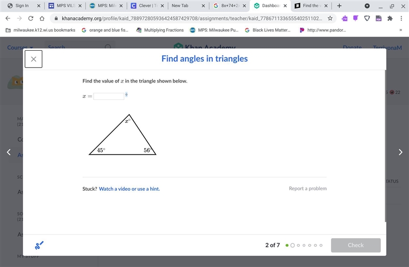 Find the value of x in the triangle shown below. x= x∘ 45∘ 56∘-example-1