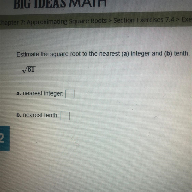 Estimate the square root to the nearest (a) integer and (b) tenth. -V61 a. nearest-example-1