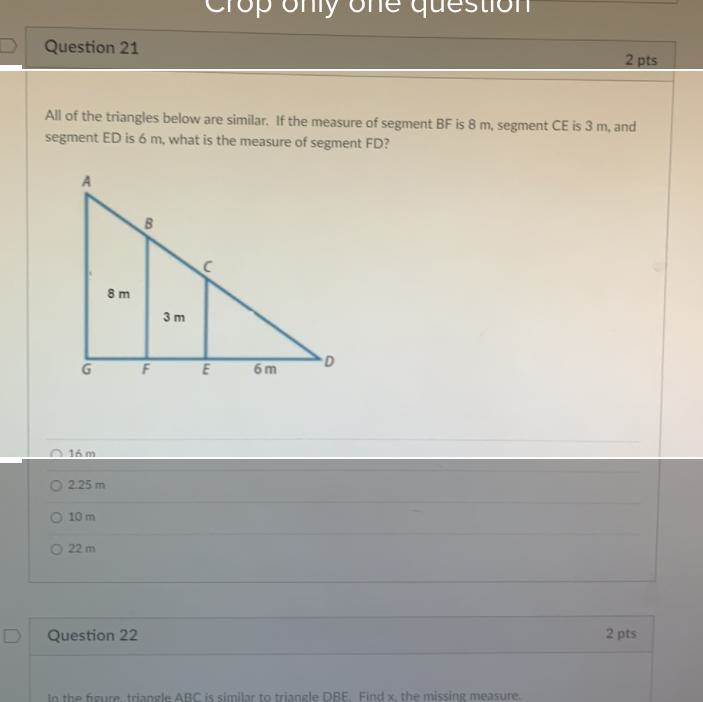 All of the triangles below are similar. If the measure of segment BF is 8 m, segment-example-1