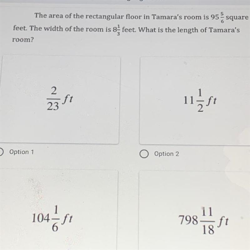 The area of the rectangular floor in Tamara's room is 95 5/6 square feet. The width-example-1