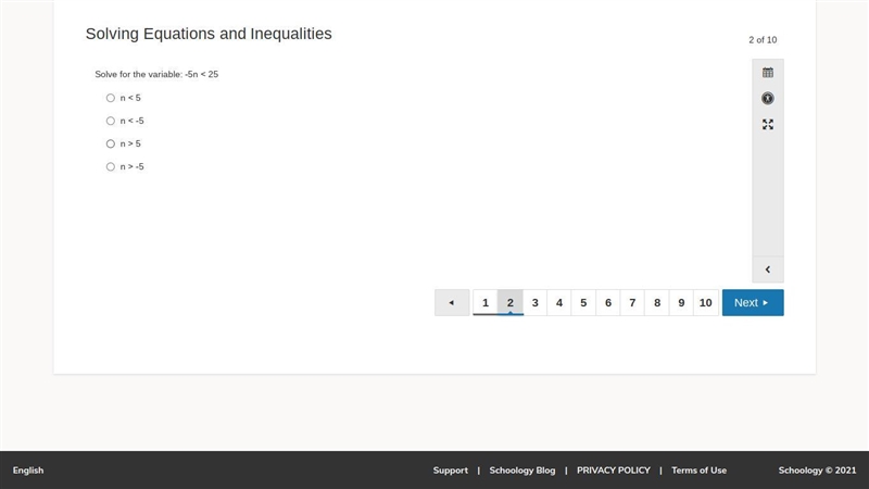 Solve for the variable: -5n < 25 A. n < 5 B. n < -5 C. n > 5 D. n &gt-example-1