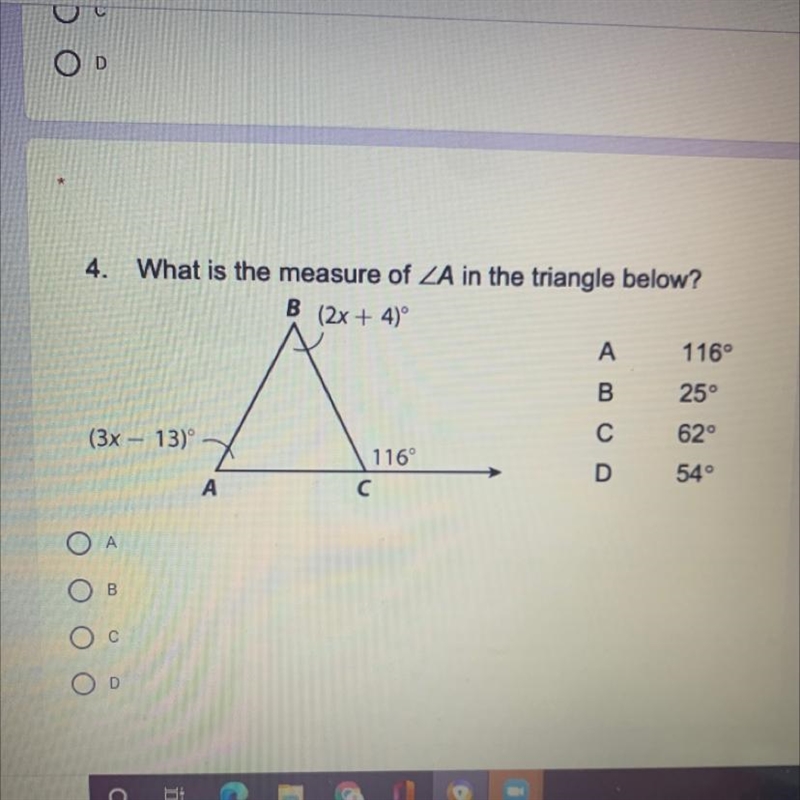 Help please! Which is the measure of A in the triangle below-example-1