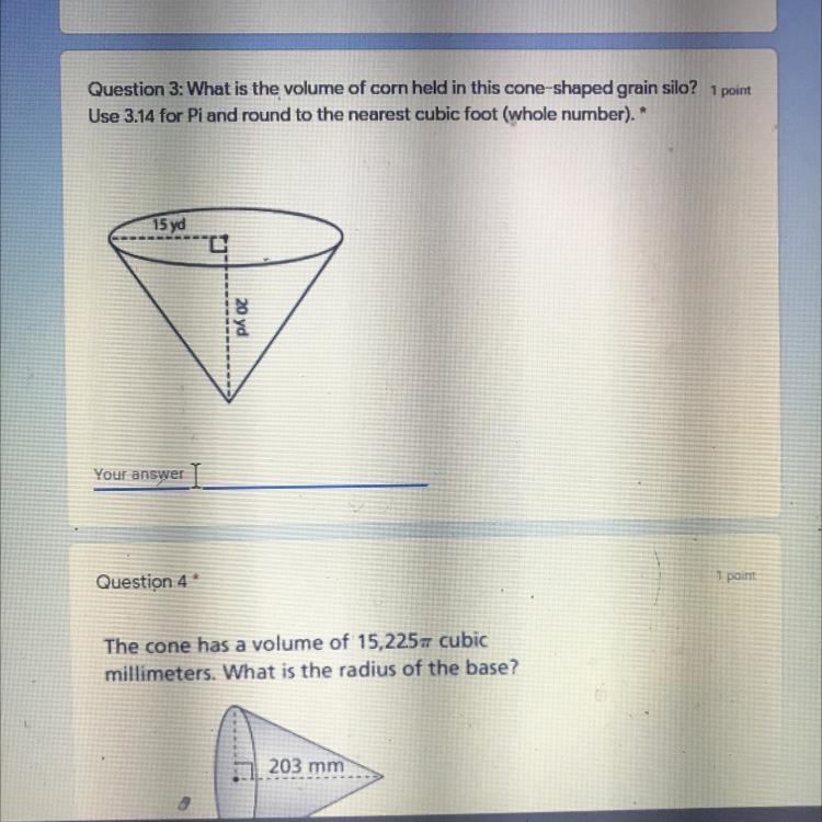 Question 3: What is the volume of corn held in this cone-shaped grain silo? 1 point-example-1