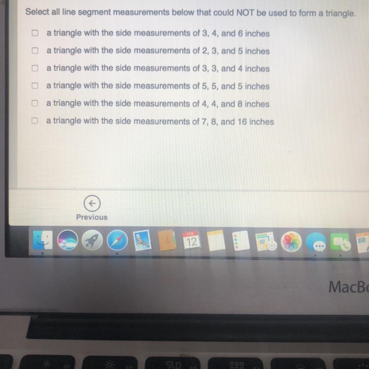 Select all line segment measurements below that could NOT be used to form a triangle-example-1