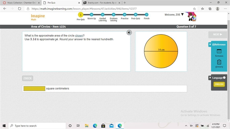 What is the approximate area of the circle shown? Use 3.14 to approximate pi. Round-example-1