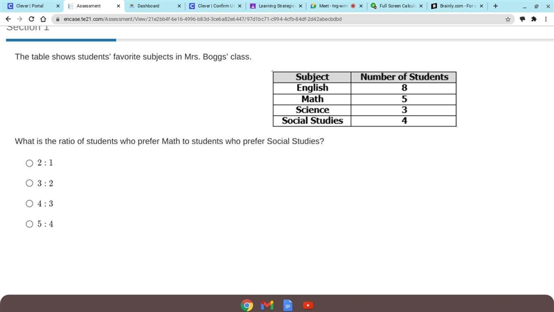 The table shows students’ favorite subjects in Mrs. Boggs’ class. What is the ratio-example-1