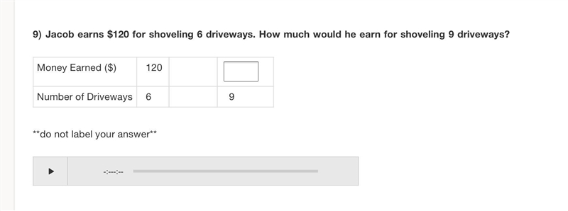 Jacob earns $120 for shoveling 6 driveways. How much would he earn for shoveling 9 driveways-example-1