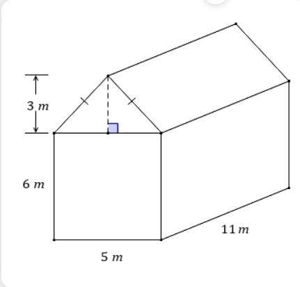 57. In the diagram, the roof has a height of 3 meters. Find the surface area of the-example-1