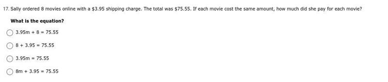 Sally ordered 8 movies online with a $3.95 shipping charge. The total was $75.55. If-example-1