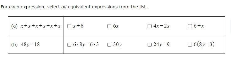 For each expression, select all equivalent expressions from the list.-example-1