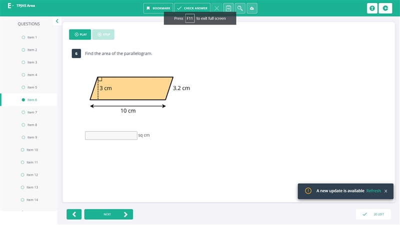 Find the area of the parallelogram. ​ ​ sq cm-example-1