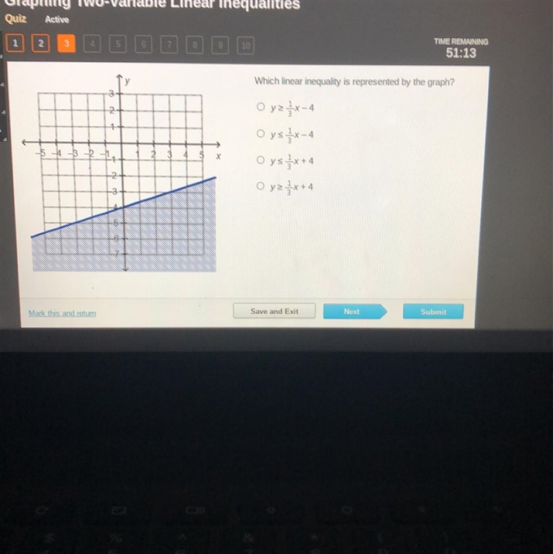 TIME REMAINING 51:04 Which linear inequality is represented by the graph? Ora,&amp-example-1