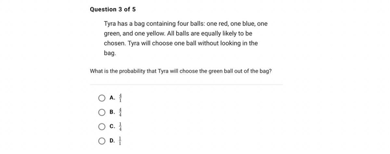 Tyra has a bag containing four balls: one red, one blue, one green, and one yellow-example-1