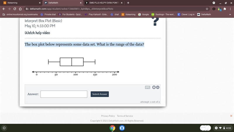 The box plot below represents some data set. What is the range of the data?-example-1