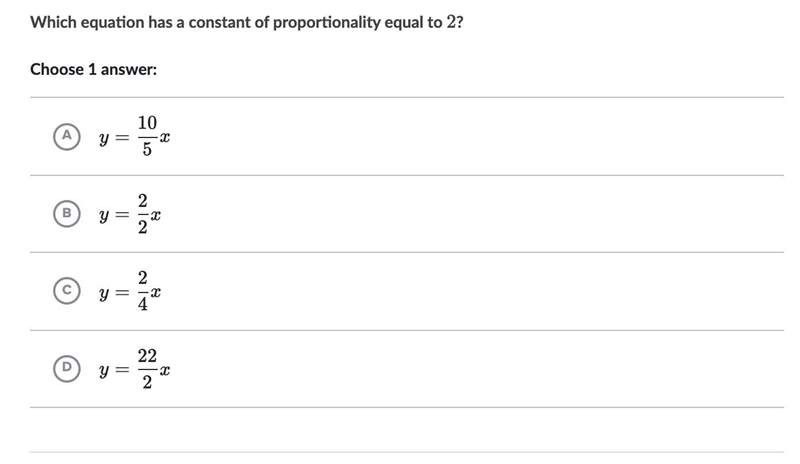 Which equation has a constant of proportionality equal to 2?-example-1