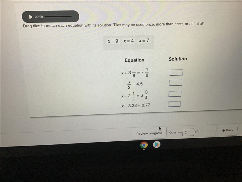 Drag the tiles to match each equation with its solution.-example-1