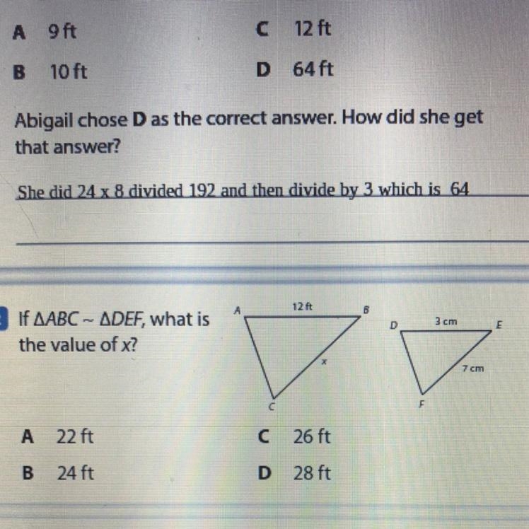 12 ft B B 2 If AABC – ADEF, what is the value of x? D 3 cm E 7 cm A 22 ft 26 ft B-example-1