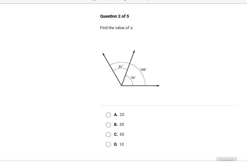 Find the value of x A. 25 B. 35 C. 55 D. 10-example-1