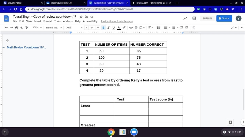 Complete the table by ordering Kelly’s test scores from least to greatest percent-example-1