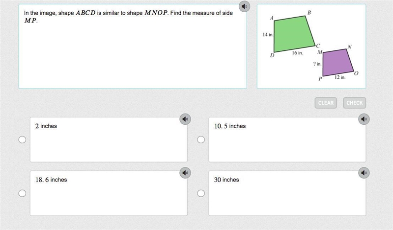 In the image, shape is similar to shape . Find the measure of side .-example-1