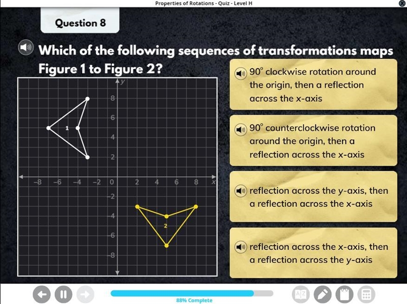 Which of the following sequences of transformations maps Figure 1 to Figure 2?-example-1