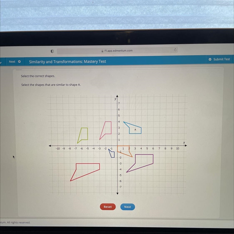 Select the shapes that aee simmilar to shape a. USE THE COLORS TO DESCRIBE THE ANSWER-example-1