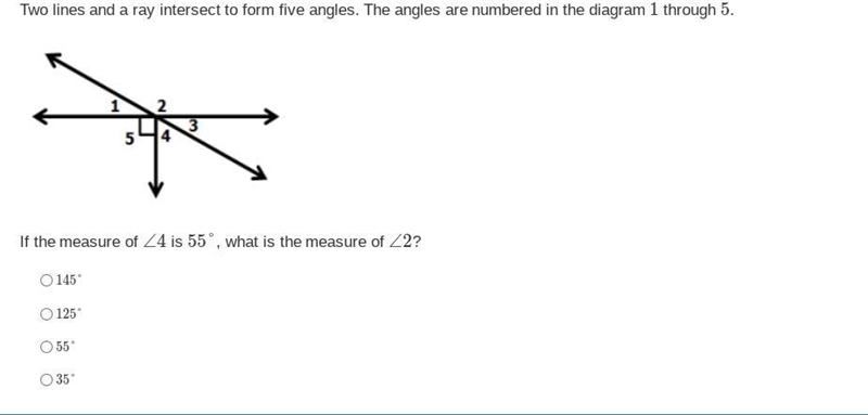 Two lines and a ray intersect to form five angles. The angles are numbered in the-example-1