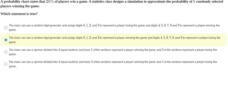 A probability chart states that 25% of players win a game. A statistics class designs-example-1