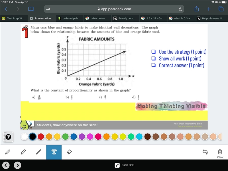 Maya uses blue and orange fabric to make identical wall decorations. The graph below-example-1