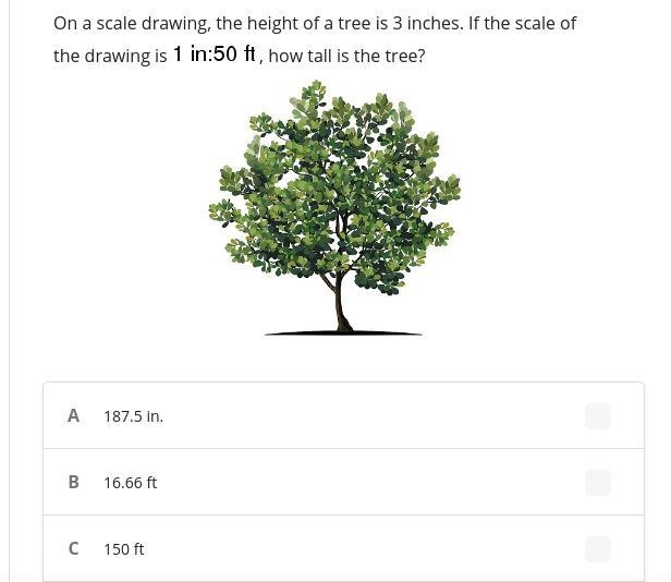 On a scale drawing, the height of a tree is 3 inches. If the scale of the drawing-example-1