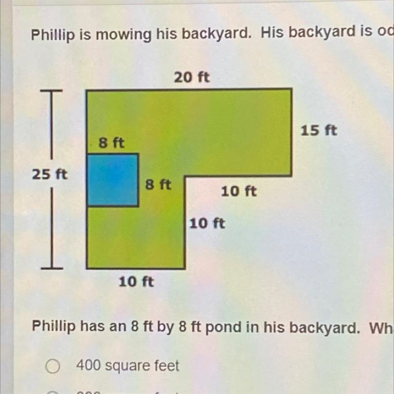 Phillip is mowing his backyard. His backyard is oddly shaped. Phillip has an 8 ft-example-1