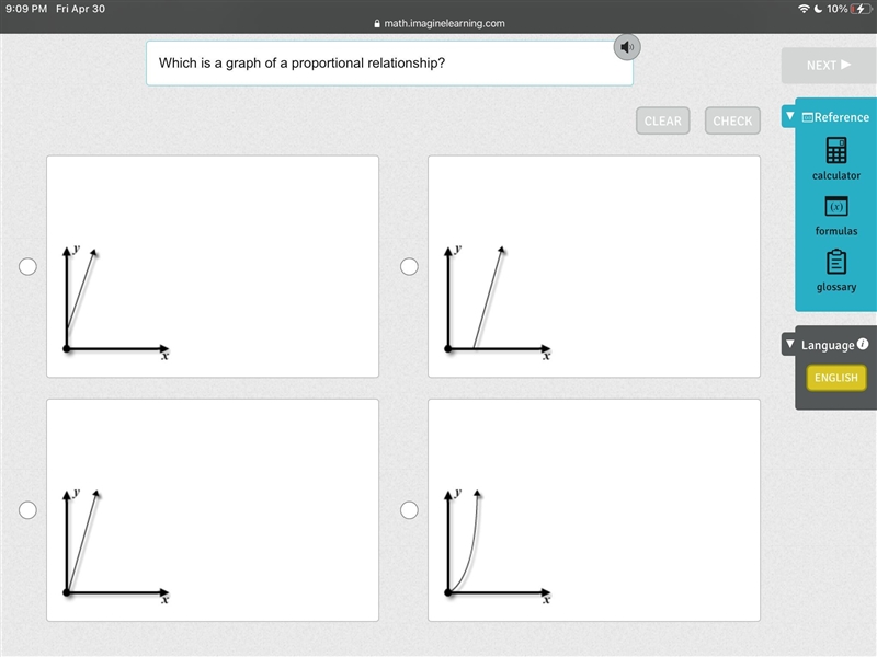 Which is a graph of a proportional relationship?-example-1