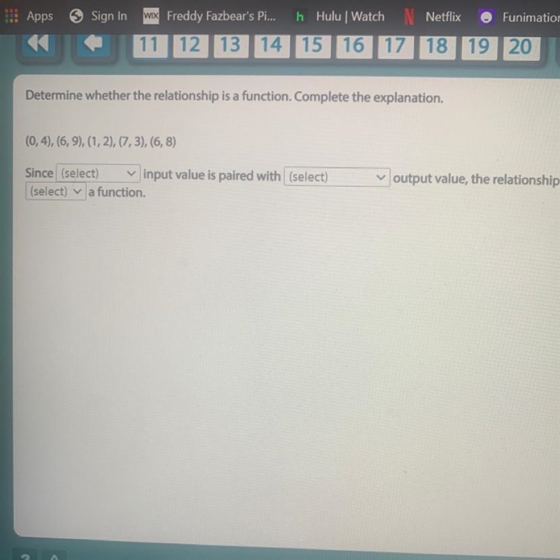 Determine whether the relationship is a function. Complete the explanation. (0,4), (6,9), (1,2), (7,3), (6,8)-example-1