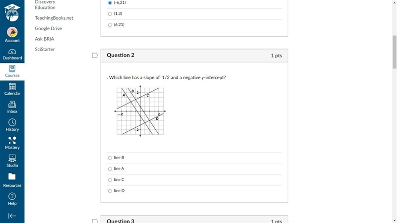 . Which line has a slope of 1/2 and a negative y-intercept?-example-1