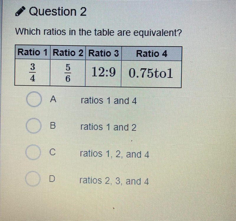 Which ratios in the table are equivalent? A) ratios 1 and 4 B) ratios 1 and 2 C) ratios-example-1