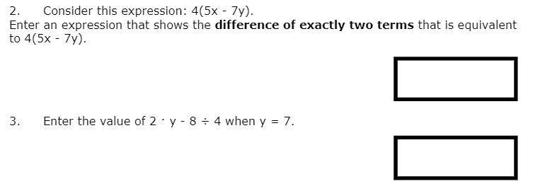 Consider this expression: 4(5x - 7y). Enter an expression that shows the difference-example-1