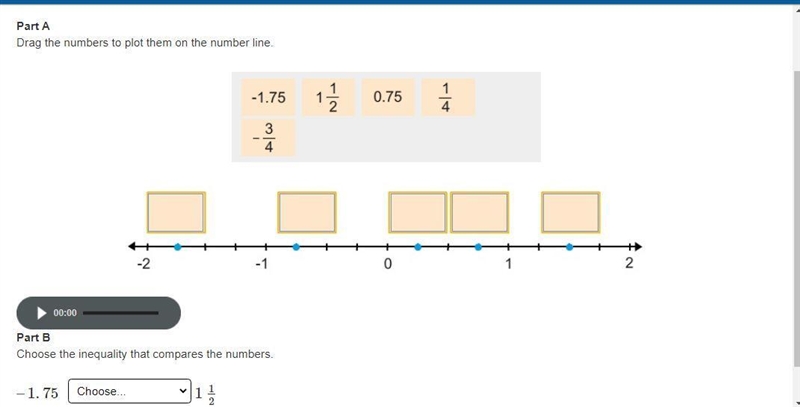 Peyton listed five rational numbers. Then he drew a number line to display and compare-example-1