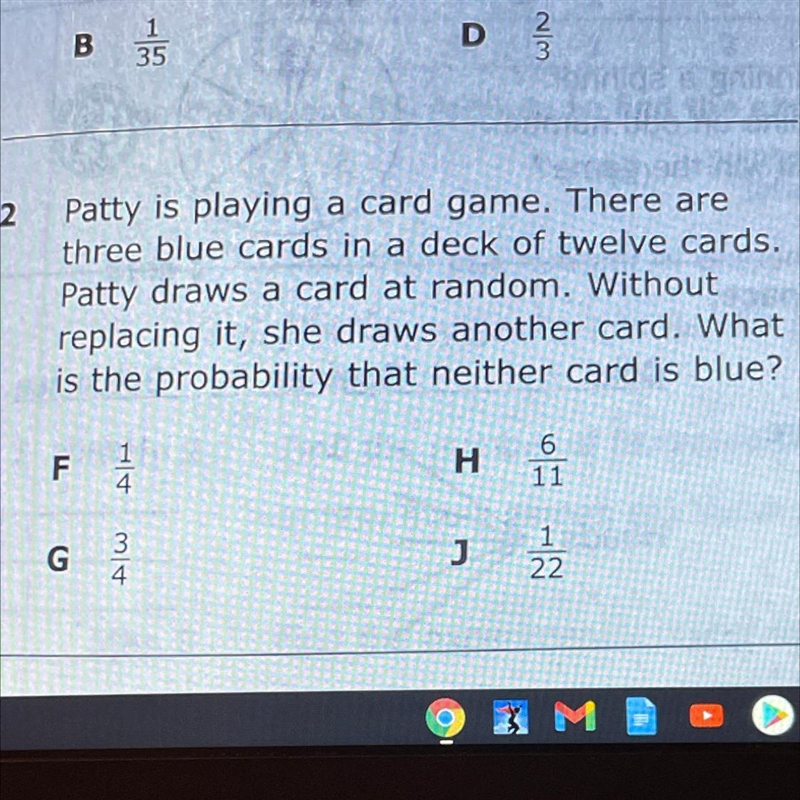 2 Patty is playing a card game. There are three blue cards in a deck of twelve cards-example-1