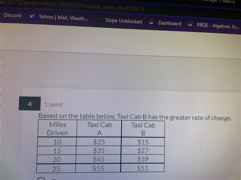 Based on the table below, Taxi Cab B had the greater rate of change. True or False-example-1