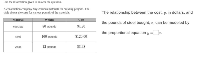 The relationship between the cost, y, in dollars, and the pounds of steel bought, x-example-1