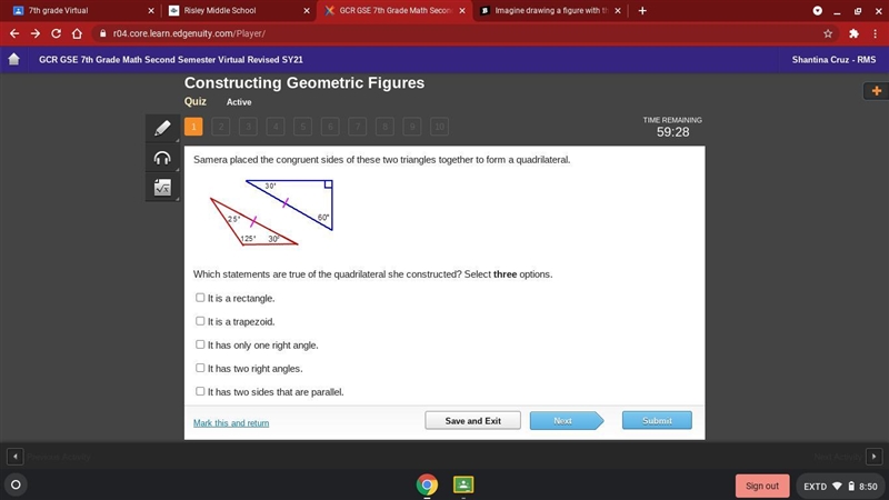 Which statements are true of the quadrilateral she constructed? Select three options-example-1