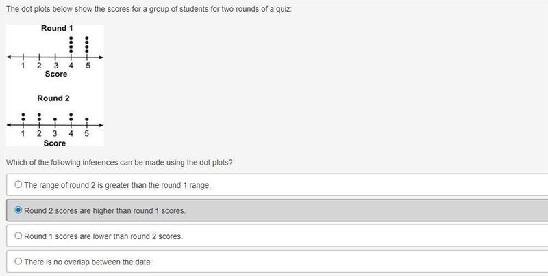 Which of the following inferences can be made using the dot plots? The range of round-example-1