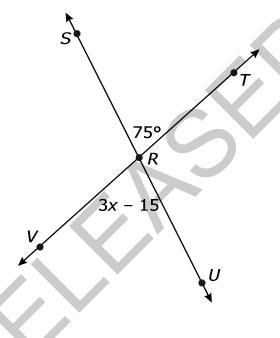 Line SU intersects Line TV at point R. What is the value of x, in degrees?-example-1