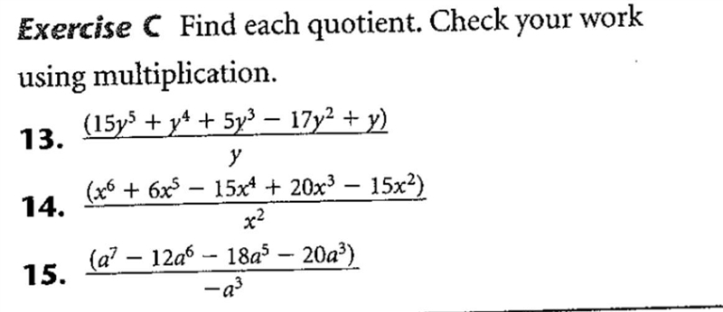 Find each quotient. Check your work using multiplication. 1. (15y^5+y^4+5y^3-17^2+y-example-1