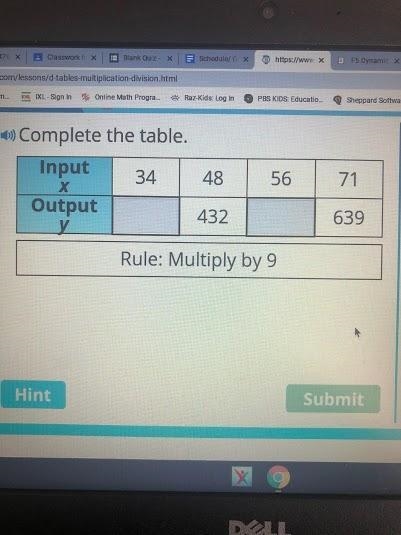 If the rule is multiply by 9 and X=34 what will y equal? Answers to choose from: Y-example-1