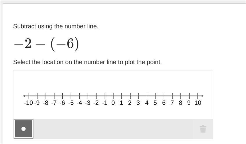 Subtract using the number line. −2−(−6) Select the location on the number line to-example-1