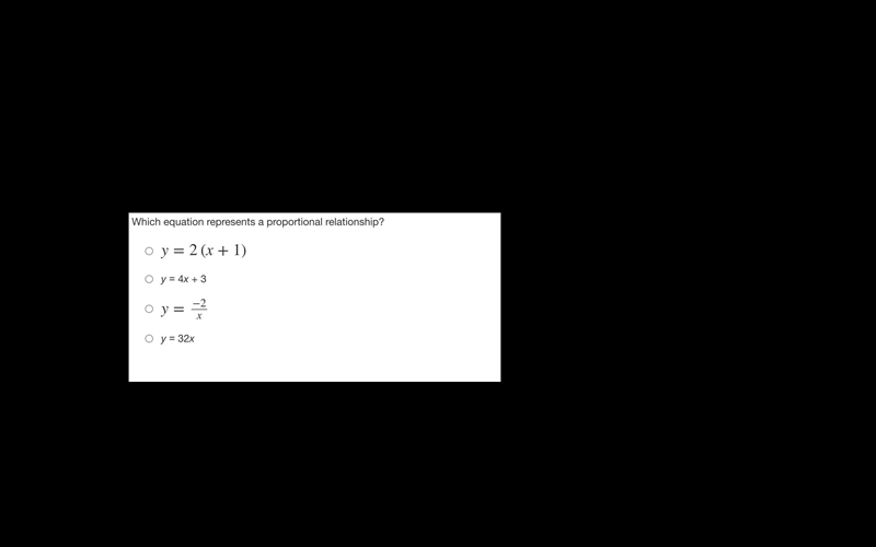 Which equation represents a proportional relationship?-example-1