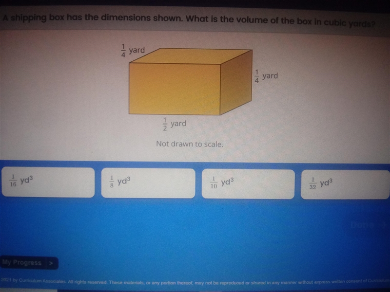 A shipping box has the dimensions shown. What is the volume of the box in cubic yards-example-1