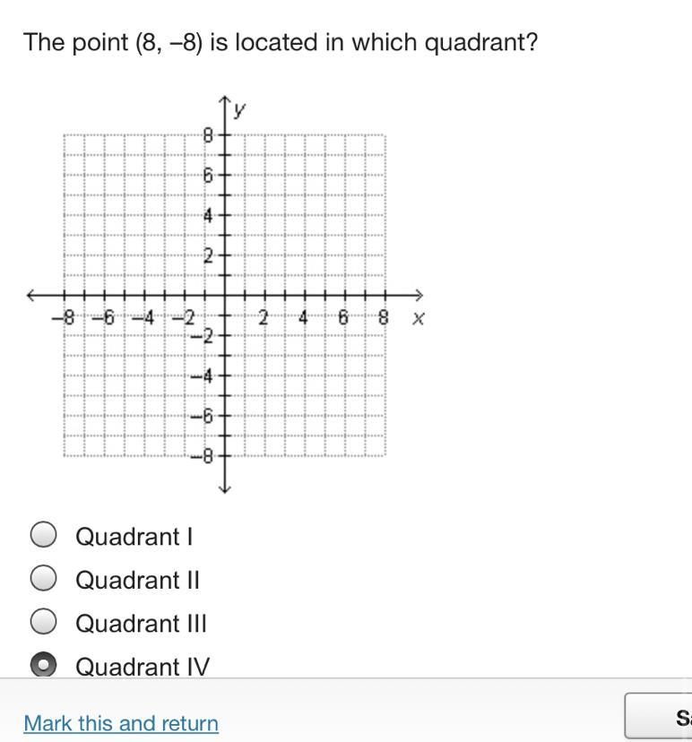 The point (8, –8) is located in which quadrant? A coordinate plane. Quadrant I Quadrant-example-1